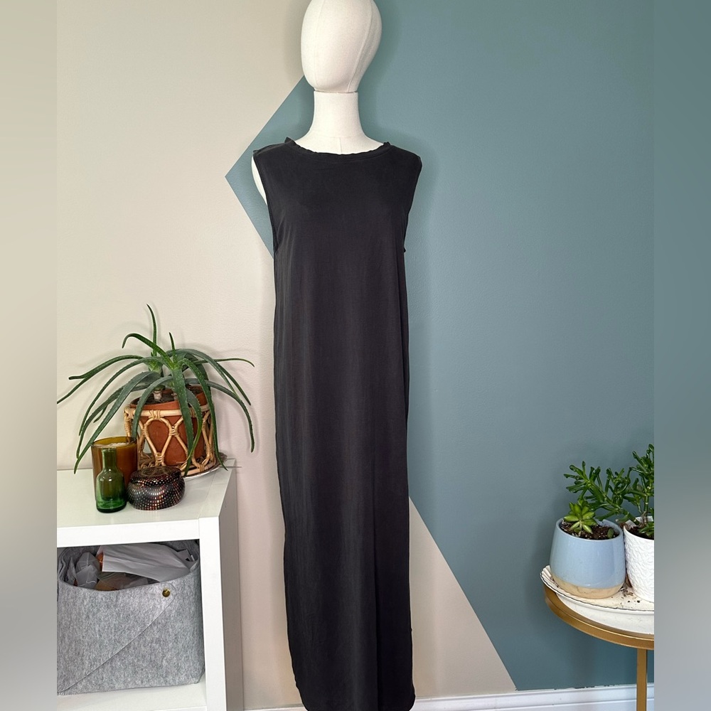 PROJECT SOCIAL T Charcoal Gray Sleeveless Cotton Maxi Dress Snap Back Raw Edge L - Picture 3 of 12
